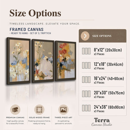 Loose white and yellow flowers set against vertical blue and golden strokes 3 piece framed canvas wall art available dimensions; triptych dimensions are per panel