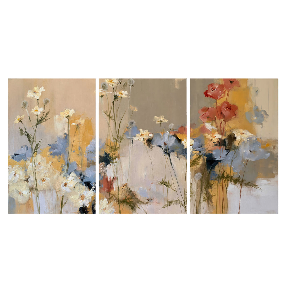 Loose white and yellow flowers set against vertical blue and golden strokes set of 3 poster prints viewed straight on