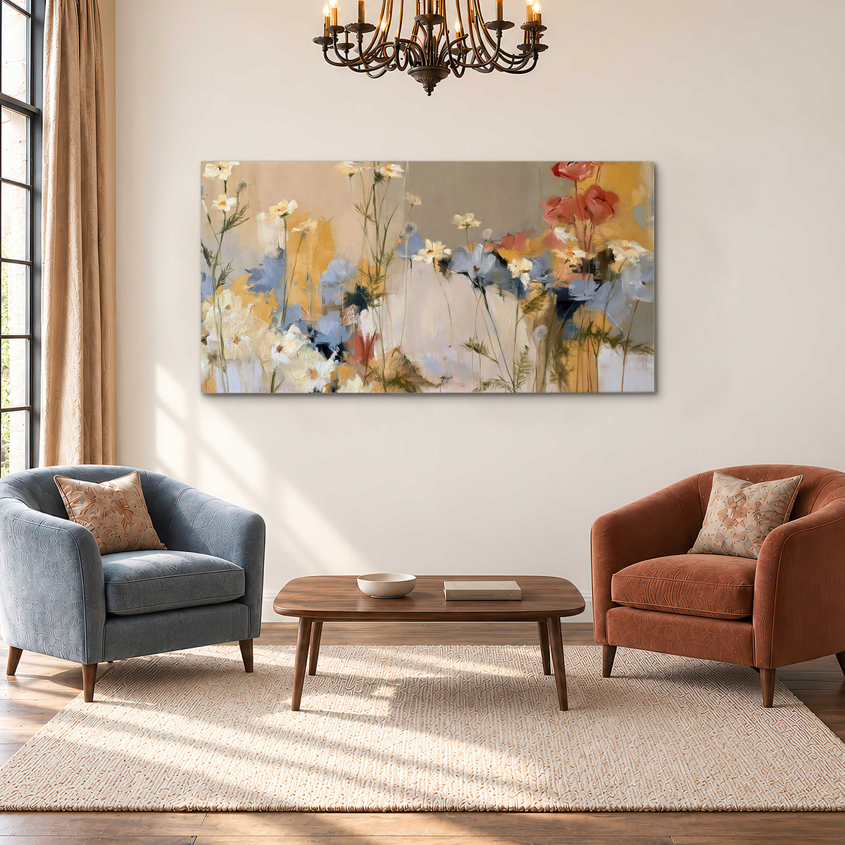 Loose white and yellow flowers set against vertical blue and golden strokes single canvas wall art styled in an interior