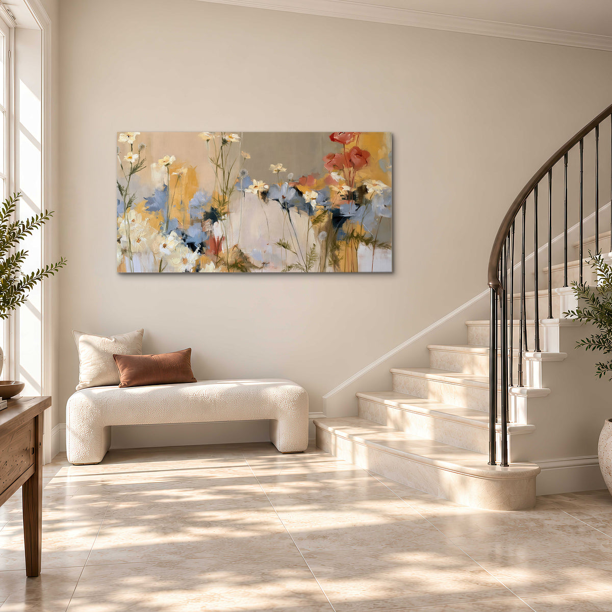 Loose white and yellow flowers set against vertical blue and golden strokes single canvas wall art styled in an interior