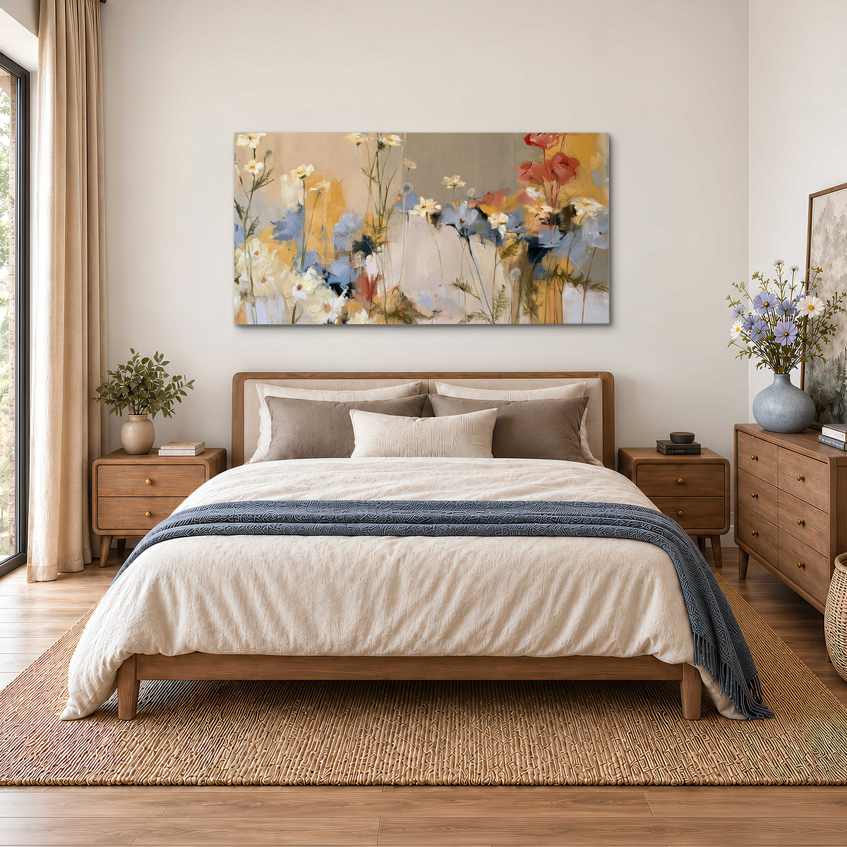 Loose white and yellow flowers set against vertical blue and golden strokes single canvas wall art styled in an interior