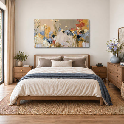 Loose white and yellow flowers set against vertical blue and golden strokes single canvas wall art styled in an interior