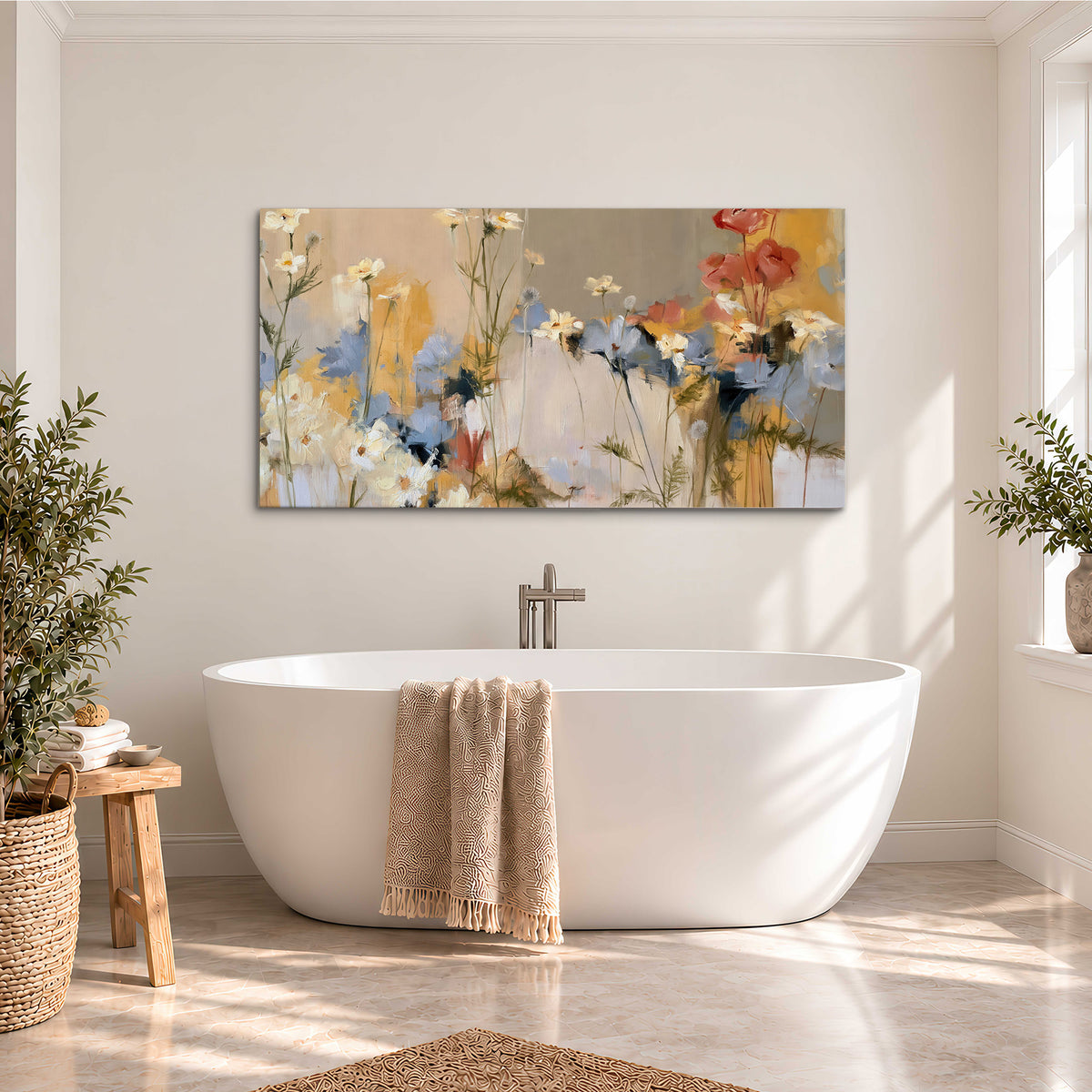 Loose white and yellow flowers set against vertical blue and golden strokes single canvas wall art styled in an interior