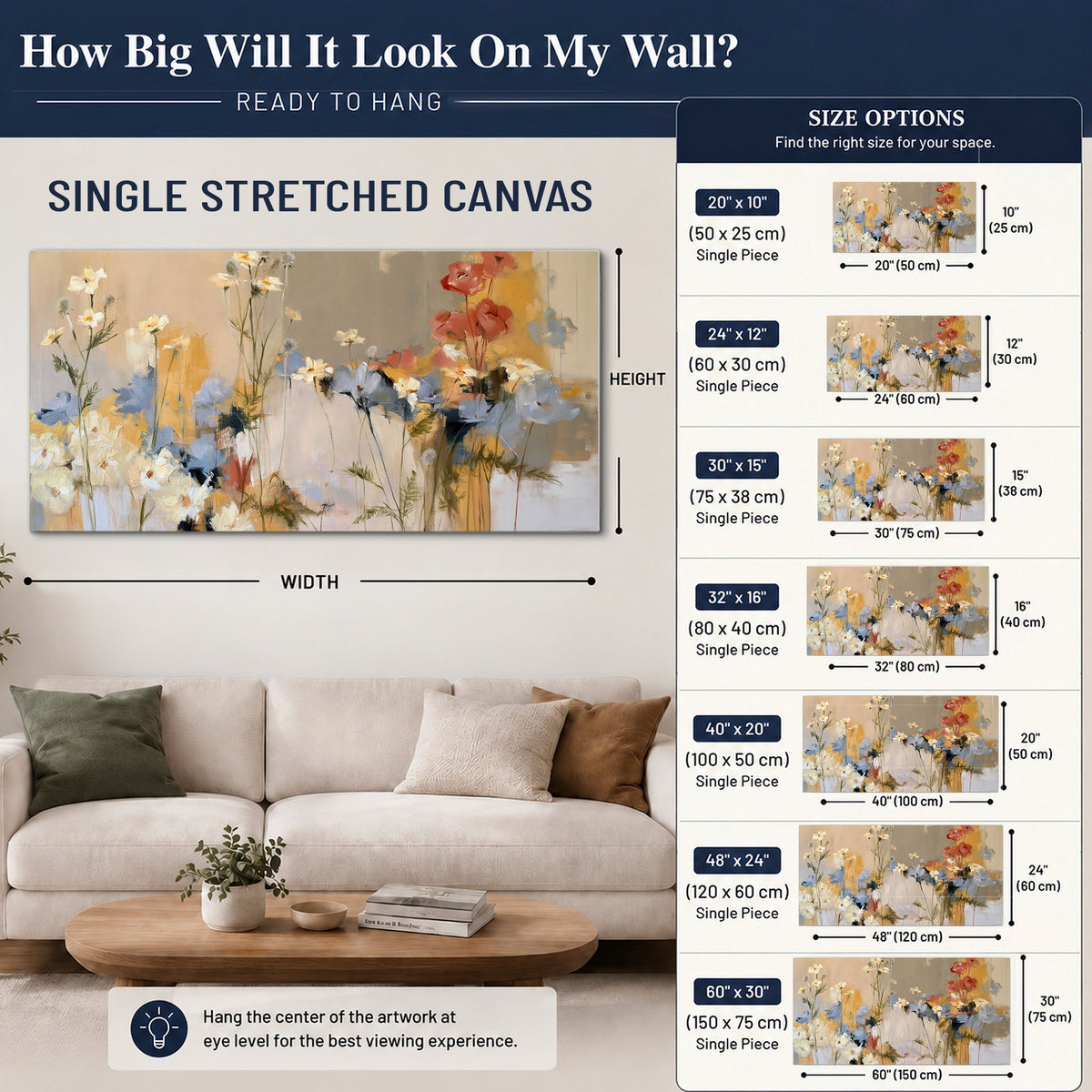 Loose white and yellow flowers set against vertical blue and golden strokes single canvas wall art size guide above a sofa; room view is illustrative