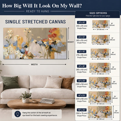 Loose white and yellow flowers set against vertical blue and golden strokes single canvas wall art size guide above a sofa; room view is illustrative