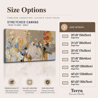 Loose white and yellow flowers set against vertical blue and golden strokes single canvas wall art available dimensions