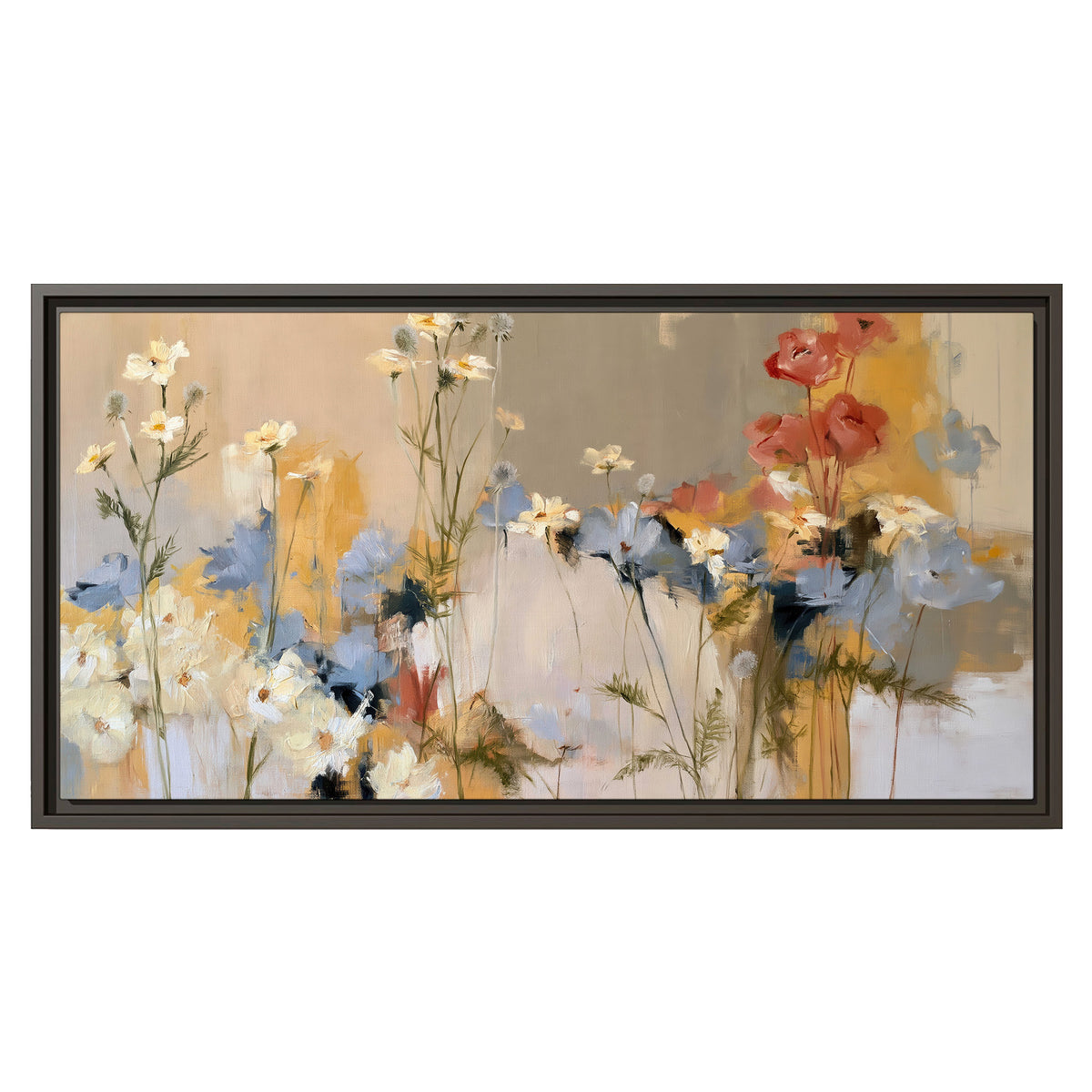 Loose white and yellow flowers set against vertical blue and golden strokes single framed canvas wall art viewed straight on