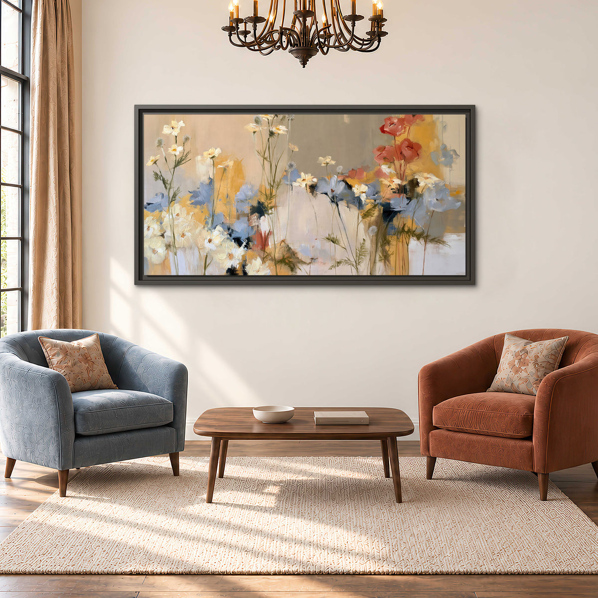 Loose white and yellow flowers set against vertical blue and golden strokes single framed canvas wall art styled in an interior