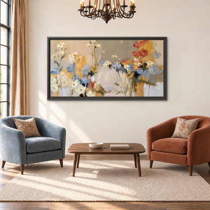 Loose white and yellow flowers set against vertical blue and golden strokes single framed canvas wall art styled in an interior