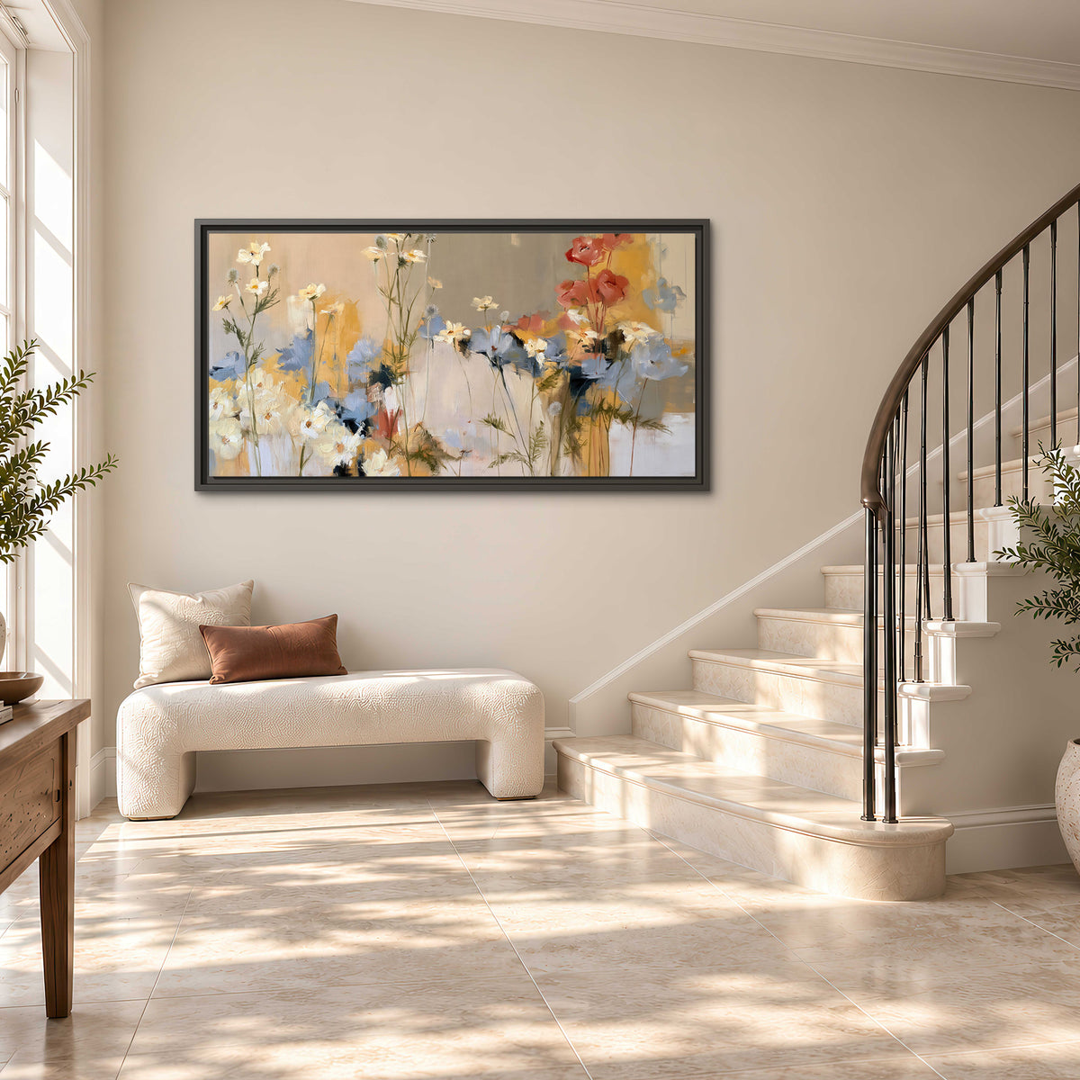 Loose white and yellow flowers set against vertical blue and golden strokes single framed canvas wall art styled in an interior