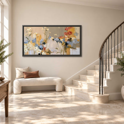 Loose white and yellow flowers set against vertical blue and golden strokes single framed canvas wall art styled in an interior