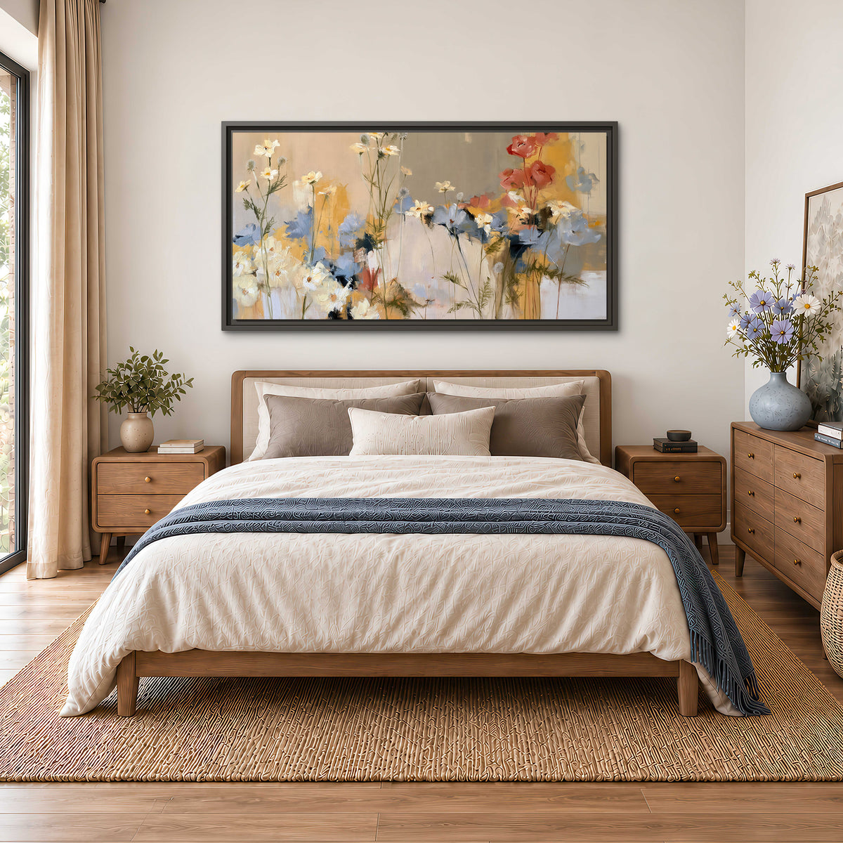Loose white and yellow flowers set against vertical blue and golden strokes single framed canvas wall art styled in an interior