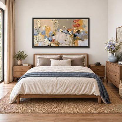 Loose white and yellow flowers set against vertical blue and golden strokes single framed canvas wall art styled in an interior