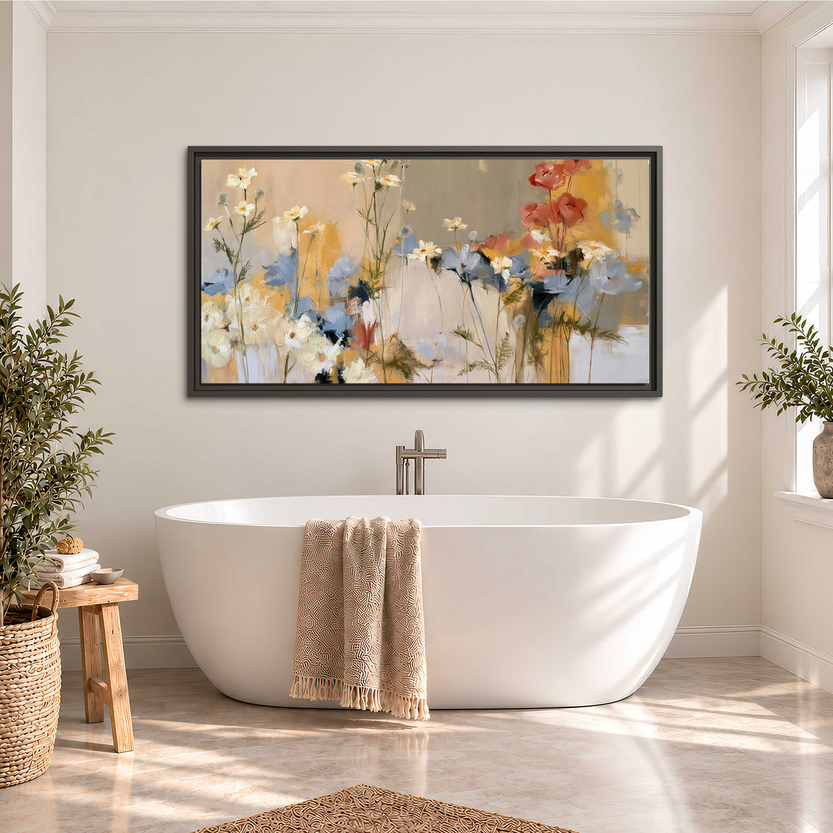 Loose white and yellow flowers set against vertical blue and golden strokes single framed canvas wall art styled in an interior