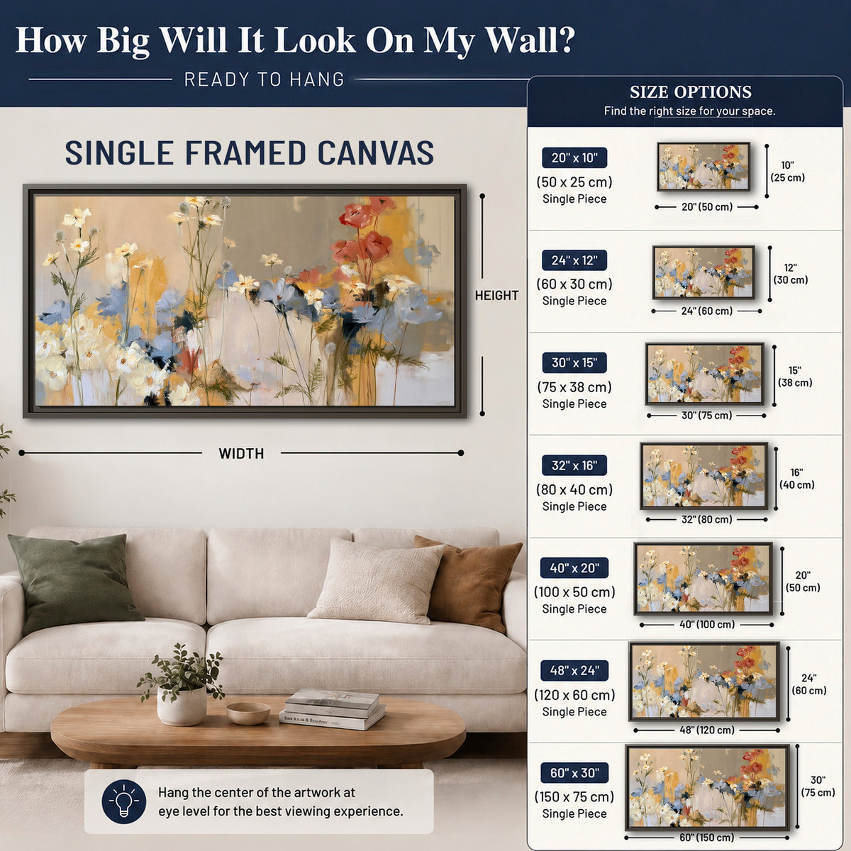 Loose white and yellow flowers set against vertical blue and golden strokes single framed canvas wall art size guide above a sofa; room view is illustrative