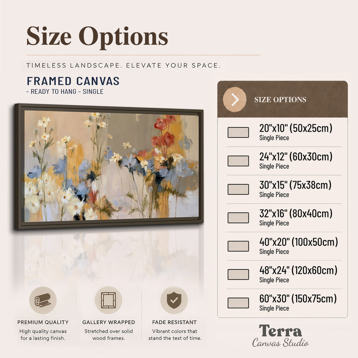 Loose white and yellow flowers set against vertical blue and golden strokes single framed canvas wall art available dimensions