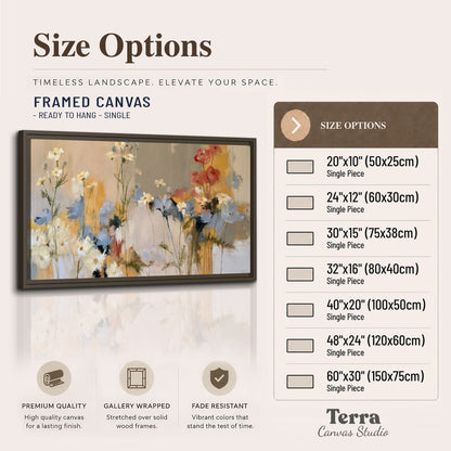 Loose white and yellow flowers set against vertical blue and golden strokes single framed canvas wall art available dimensions