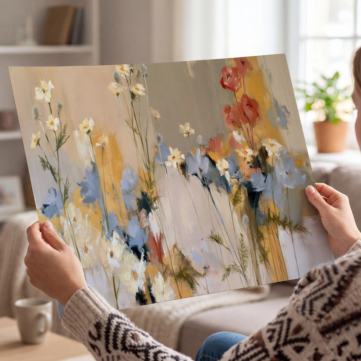 Loose white and yellow flowers set against vertical blue and golden strokes single poster print held in hands
