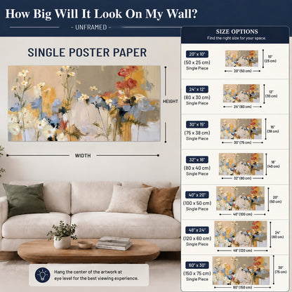 Loose white and yellow flowers set against vertical blue and golden strokes single poster print size guide above a sofa; room view is illustrative