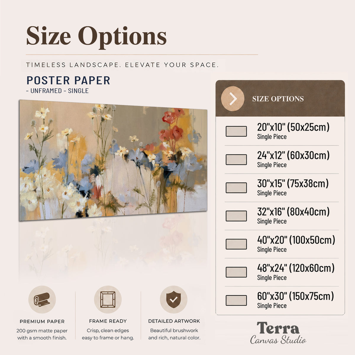 Loose white and yellow flowers set against vertical blue and golden strokes single poster print available dimensions