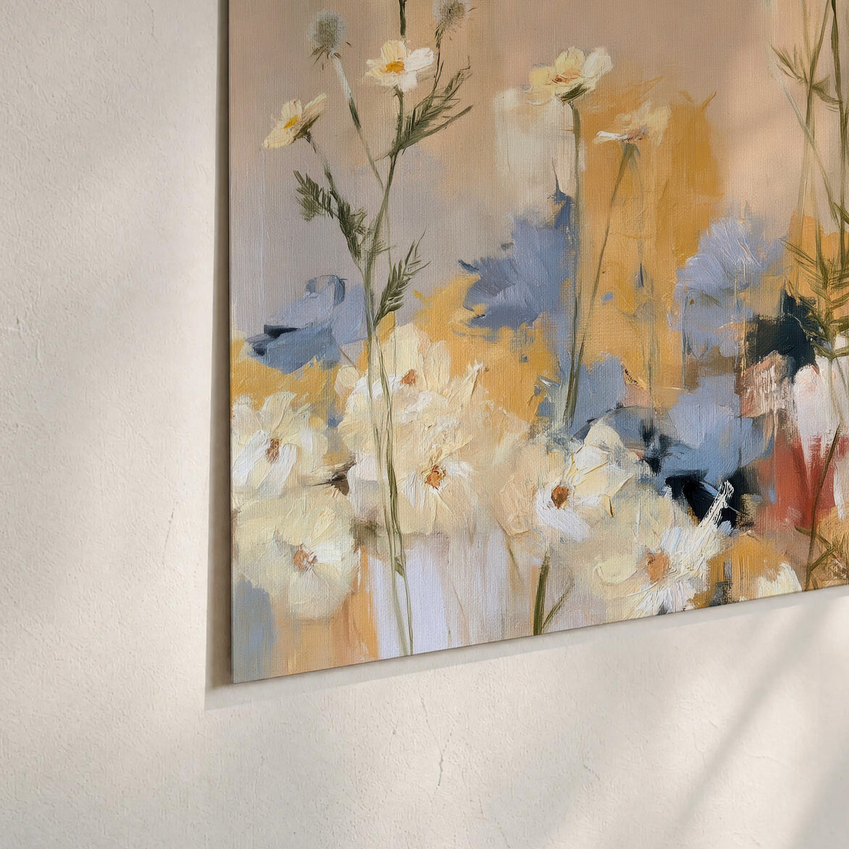 Loose white and yellow flowers set against vertical blue and golden strokes set of 3 poster prints material and edge close up