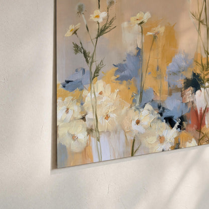 Loose white and yellow flowers set against vertical blue and golden strokes set of 3 poster prints material and edge close up