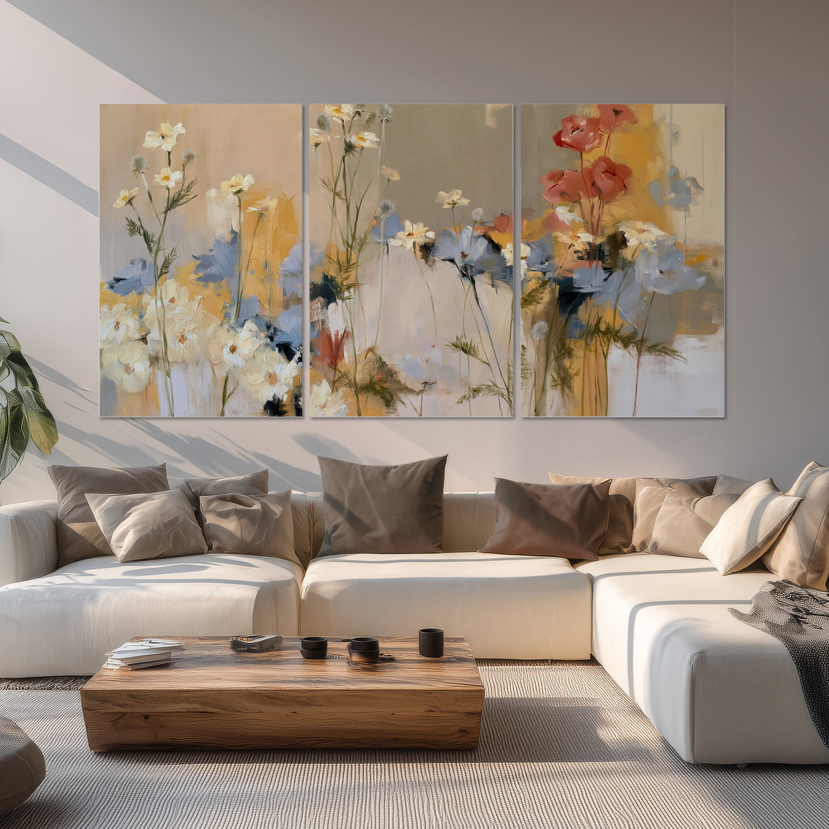 Loose white and yellow flowers set against vertical blue and golden strokes set of 3 poster prints displayed in a living room