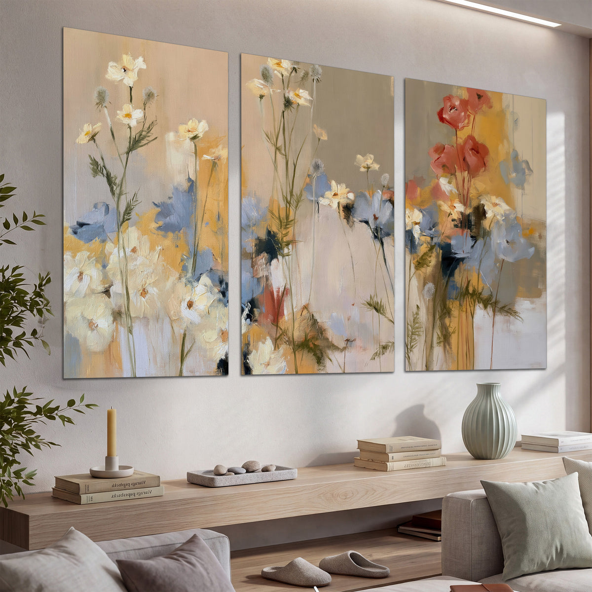 Loose white and yellow flowers set against vertical blue and golden strokes set of 3 poster prints displayed in a console