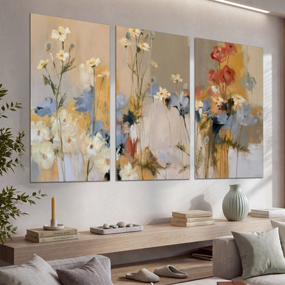 Loose white and yellow flowers set against vertical blue and golden strokes set of 3 poster prints displayed in a console