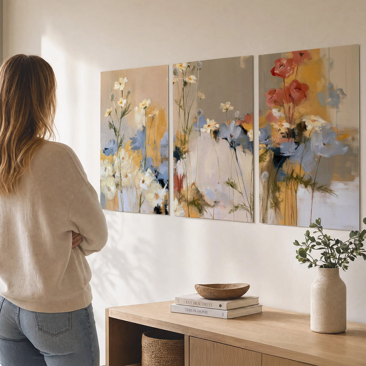 Loose white and yellow flowers set against vertical blue and golden strokes set of 3 poster prints three panel arrangement on a wall