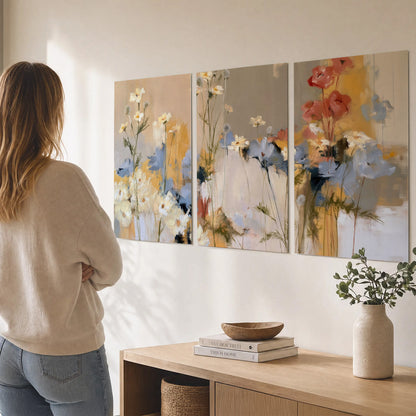 Loose white and yellow flowers set against vertical blue and golden strokes set of 3 poster prints three panel arrangement on a wall
