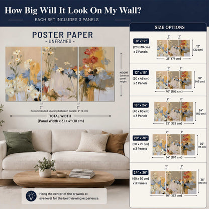 Loose white and yellow flowers set against vertical blue and golden strokes set of 3 poster prints size guide above a sofa; room view is illustrative