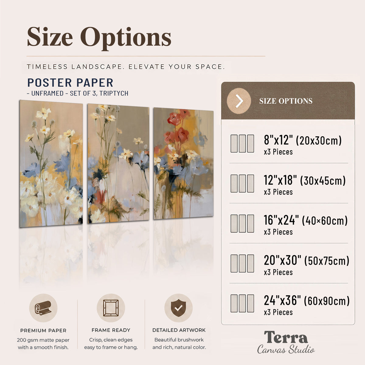 Loose white and yellow flowers set against vertical blue and golden strokes set of 3 poster prints available dimensions; triptych dimensions are per panel