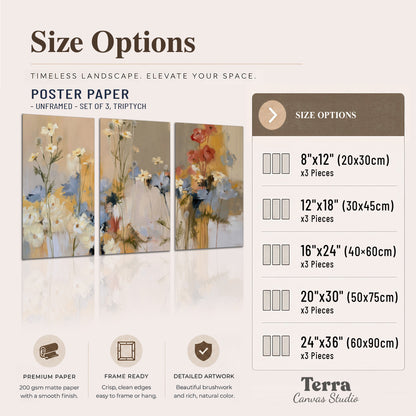 Loose white and yellow flowers set against vertical blue and golden strokes set of 3 poster prints available dimensions; triptych dimensions are per panel