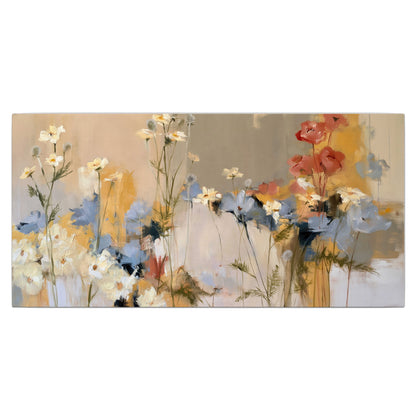 Loose white and yellow flowers set against vertical blue and golden strokes single canvas wall art viewed straight on