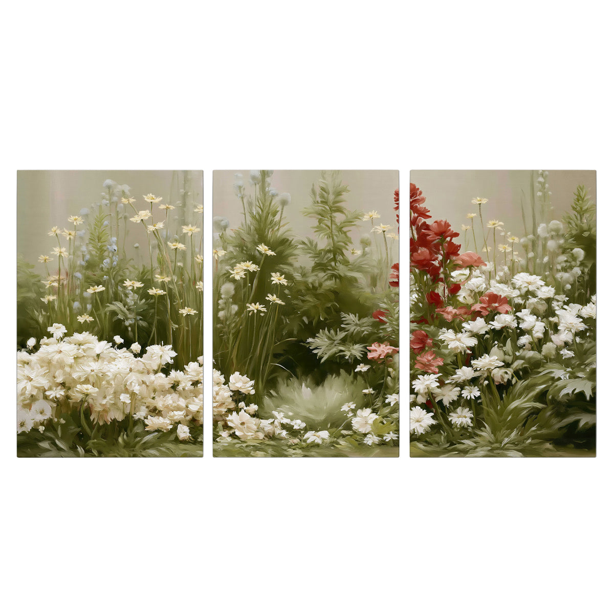 A soft meadow of white daisies and tall red blooms against a green background 3 piece canvas wall art viewed straight on