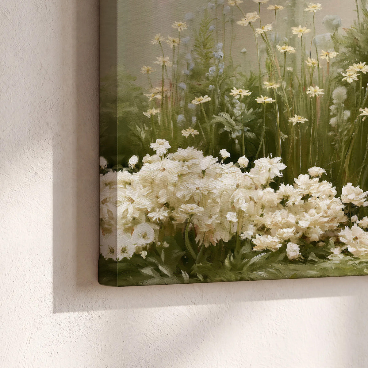 A soft meadow of white daisies and tall red blooms against a green background 3 piece canvas wall art material and edge close up