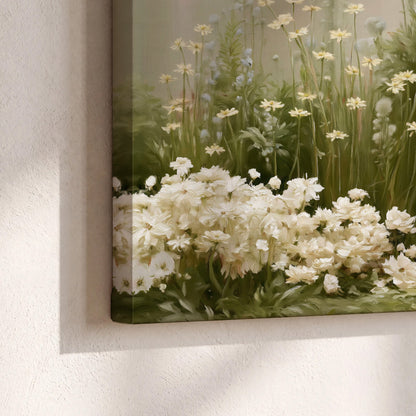 A soft meadow of white daisies and tall red blooms against a green background 3 piece canvas wall art material and edge close up