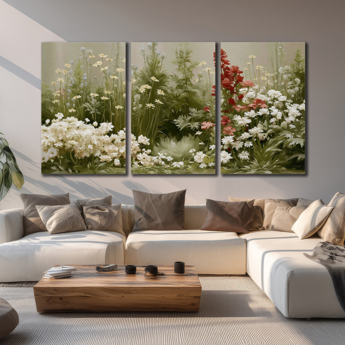 A soft meadow of white daisies and tall red blooms against a green background 3 piece canvas wall art displayed in a living room
