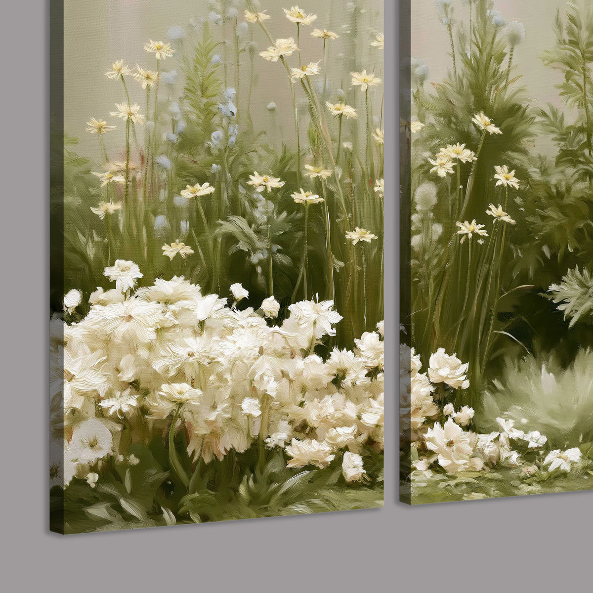 A soft meadow of white daisies and tall red blooms against a green background 3 piece canvas wall art room and product view