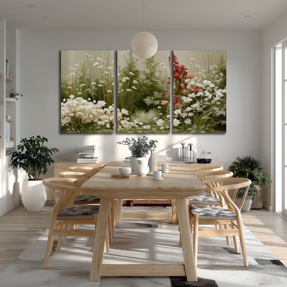 A soft meadow of white daisies and tall red blooms against a green background 3 piece canvas wall art room and product view
