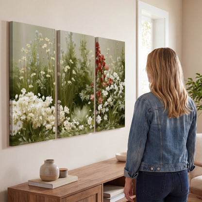A soft meadow of white daisies and tall red blooms against a green background 3 piece canvas wall art three panel arrangement on a wall