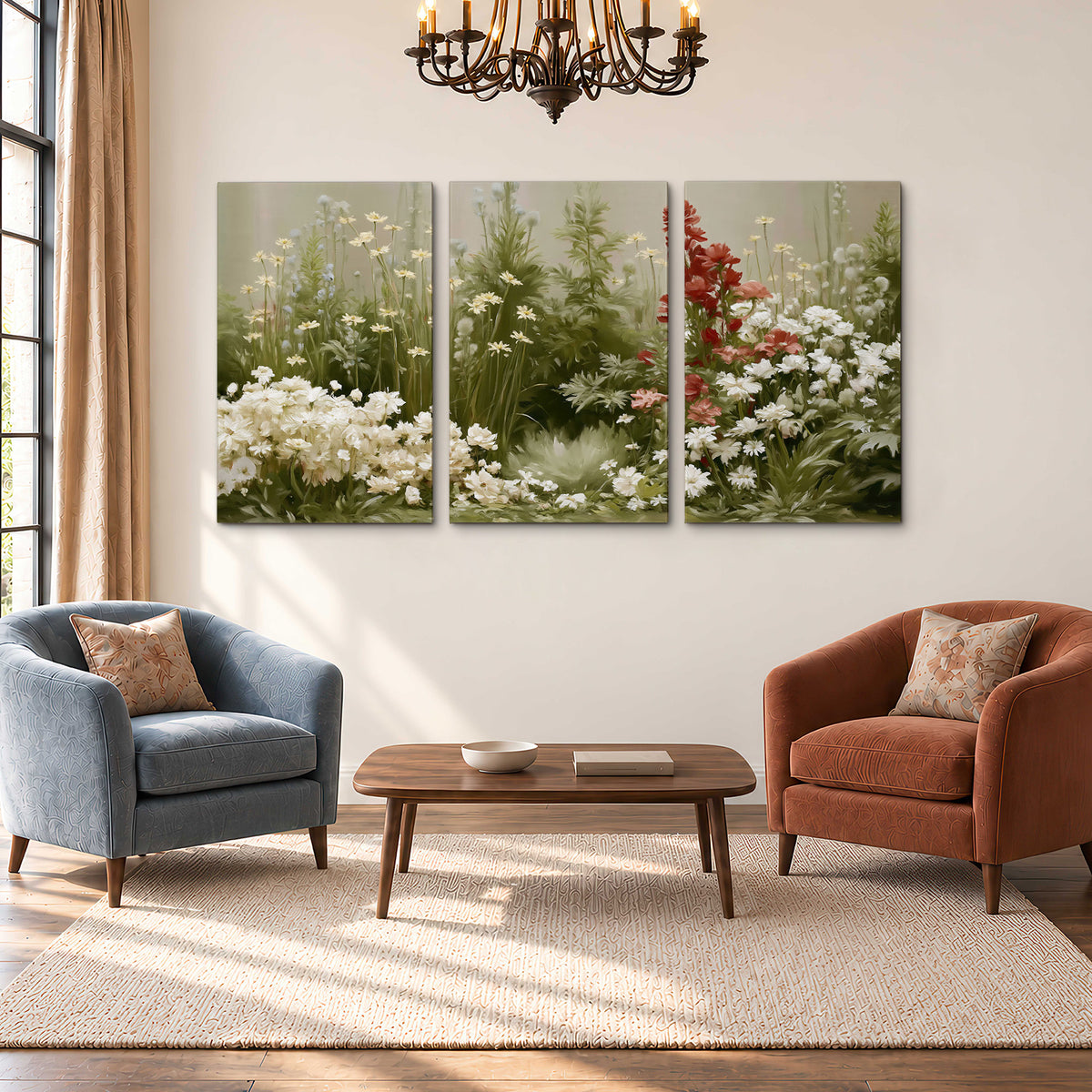 A soft meadow of white daisies and tall red blooms against a green background 3 piece canvas wall art styled in an interior