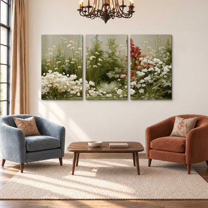 A soft meadow of white daisies and tall red blooms against a green background 3 piece canvas wall art styled in an interior