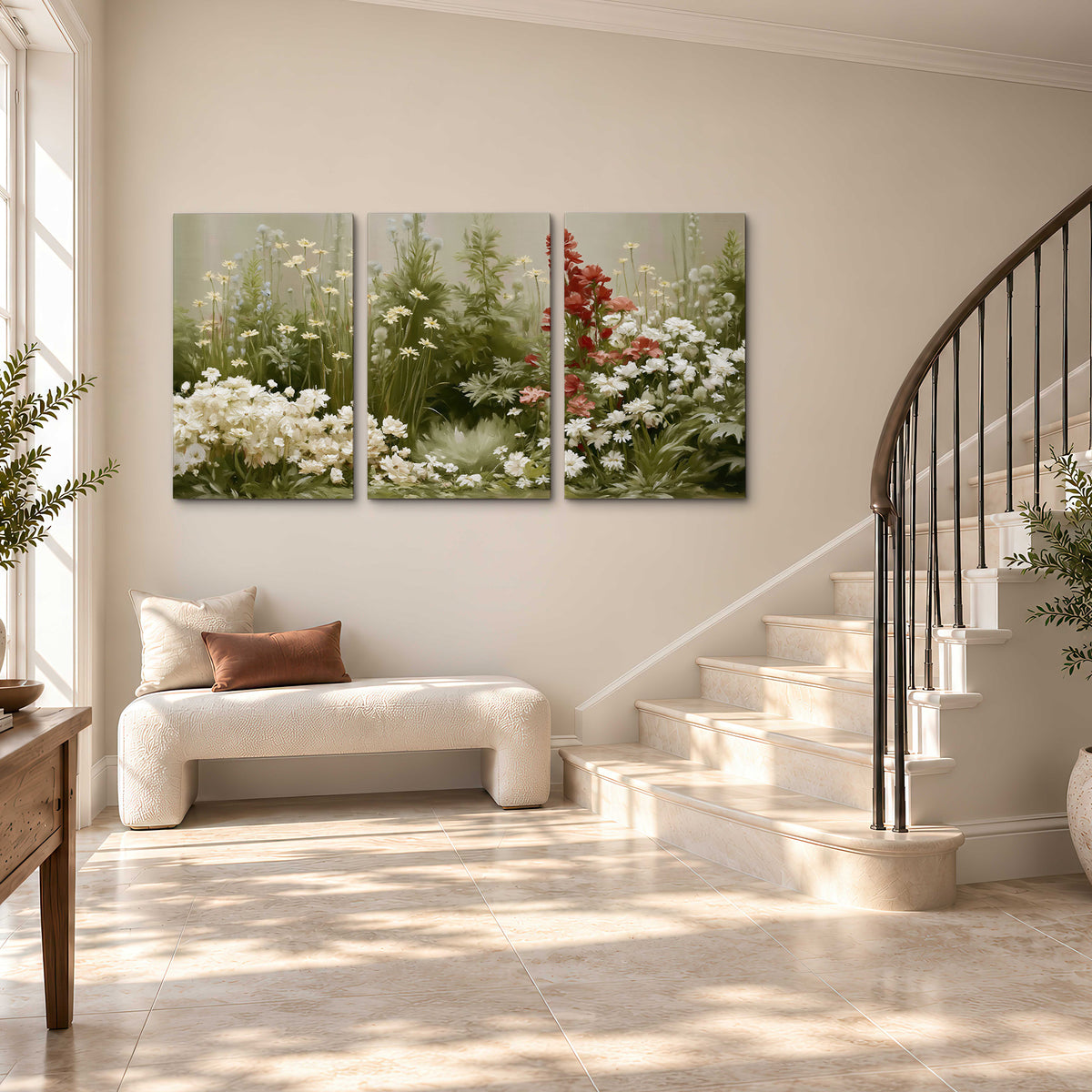 A soft meadow of white daisies and tall red blooms against a green background 3 piece canvas wall art styled in an interior