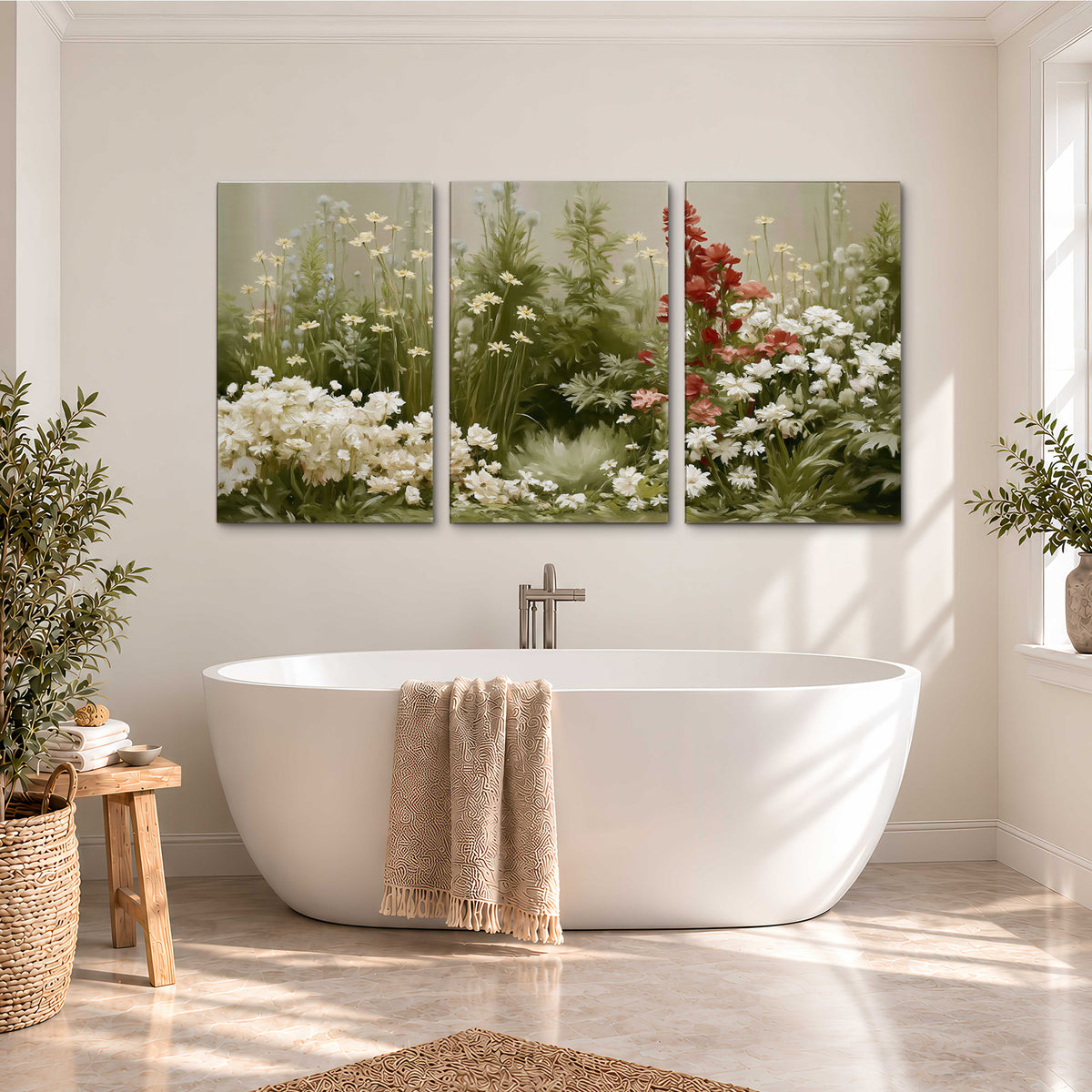 A soft meadow of white daisies and tall red blooms against a green background 3 piece canvas wall art styled in an interior