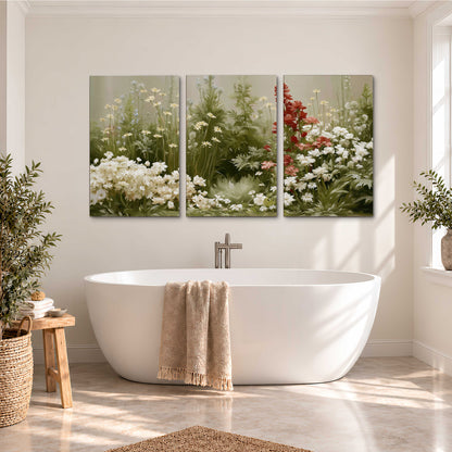 A soft meadow of white daisies and tall red blooms against a green background 3 piece canvas wall art styled in an interior