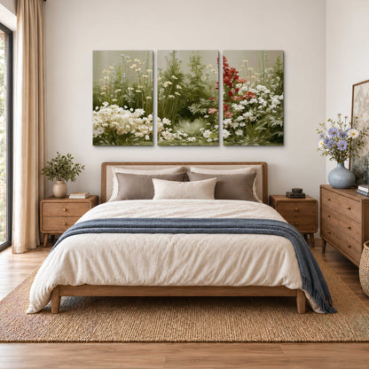 A soft meadow of white daisies and tall red blooms against a green background 3 piece canvas wall art styled in an interior