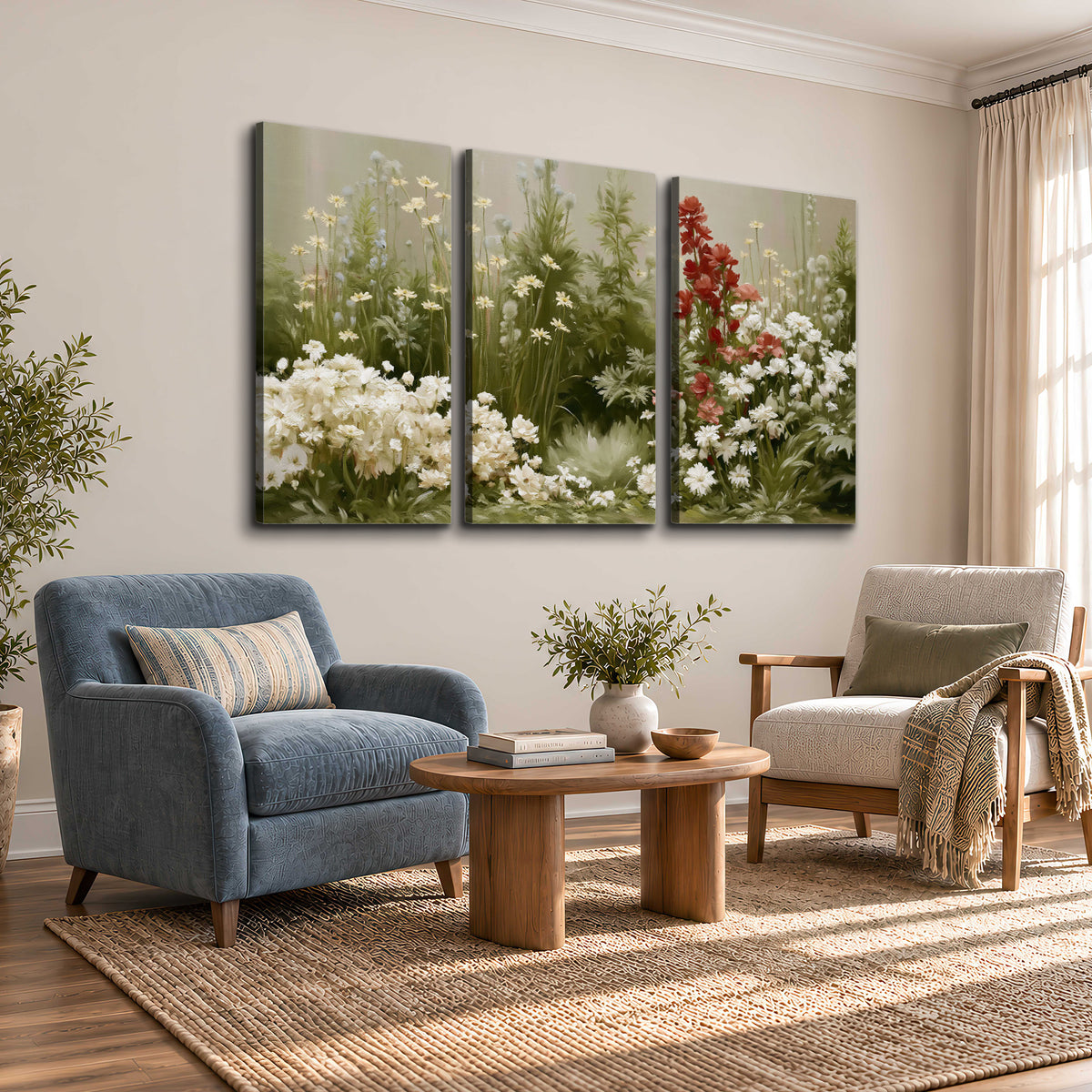 A soft meadow of white daisies and tall red blooms against a green background 3 piece canvas wall art styled in an interior
