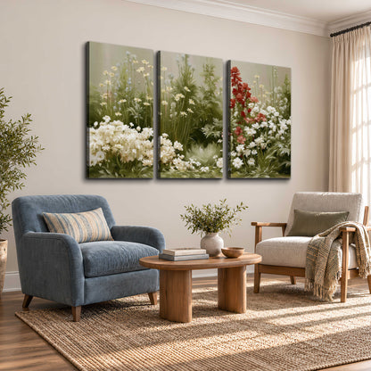 A soft meadow of white daisies and tall red blooms against a green background 3 piece canvas wall art styled in an interior